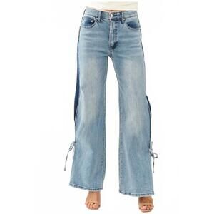 NEW SAIGE DENIM chic contrast wide leg with ribbon tie pants in blue